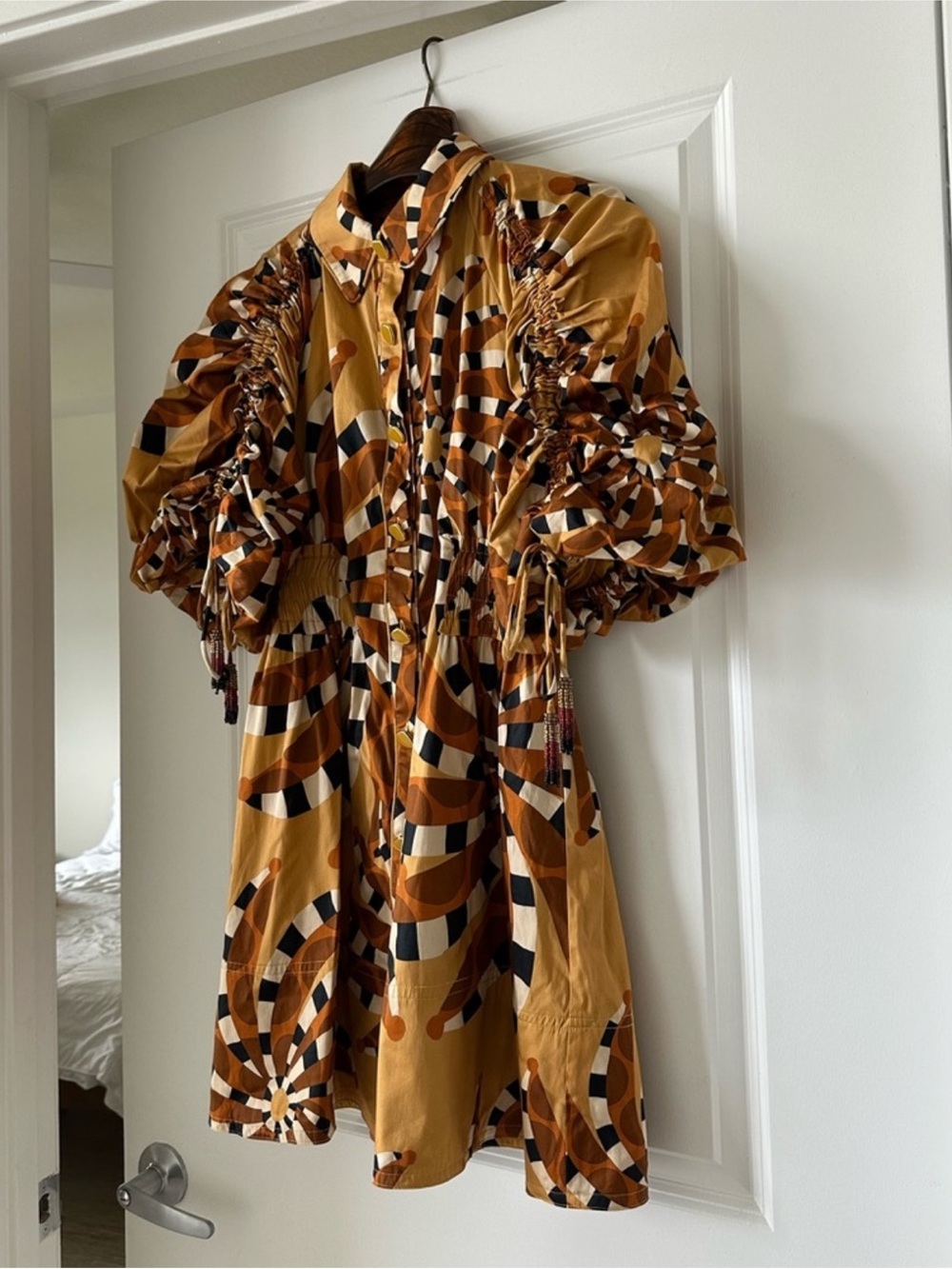 Farm Rio Beige Bananada Ruttan Down Mini Dress - Picture 5 of 10